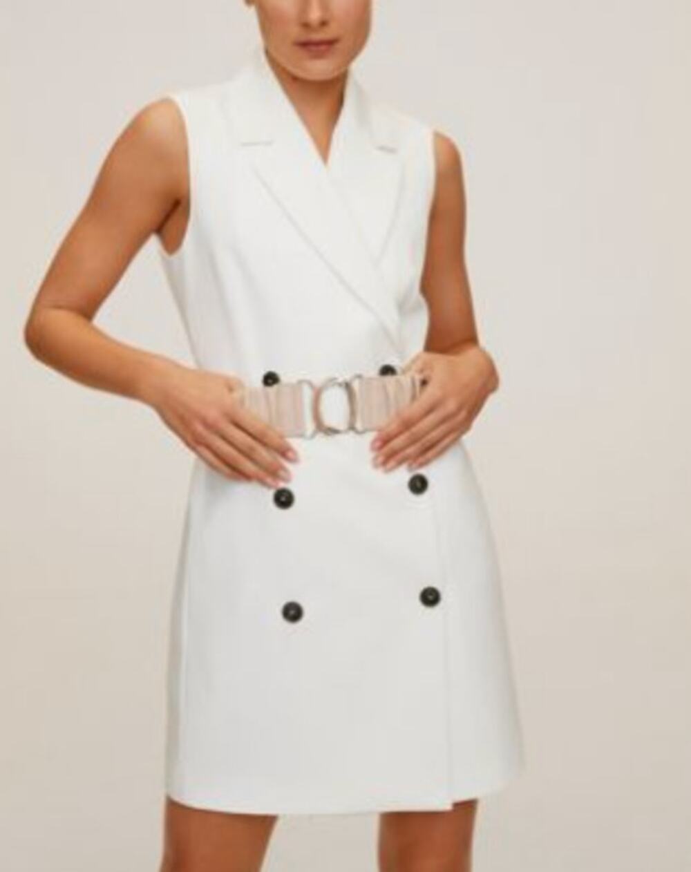 Mango Women's L Double Buttoned Blazer Dress White Mini Sleevless Preppy FLAWS